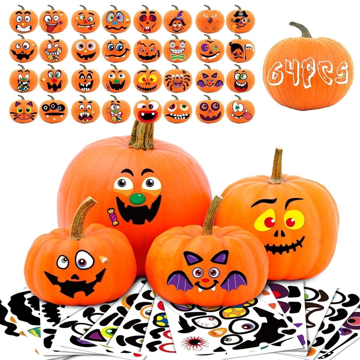 Ayieyill 64 Packs Halloween Stickers Pumpkin Decorating Stickers for Children , 32 Sheet Small Pumpkin Face Stickers for Halloween Party Supplies Trick or Treat Party Favors