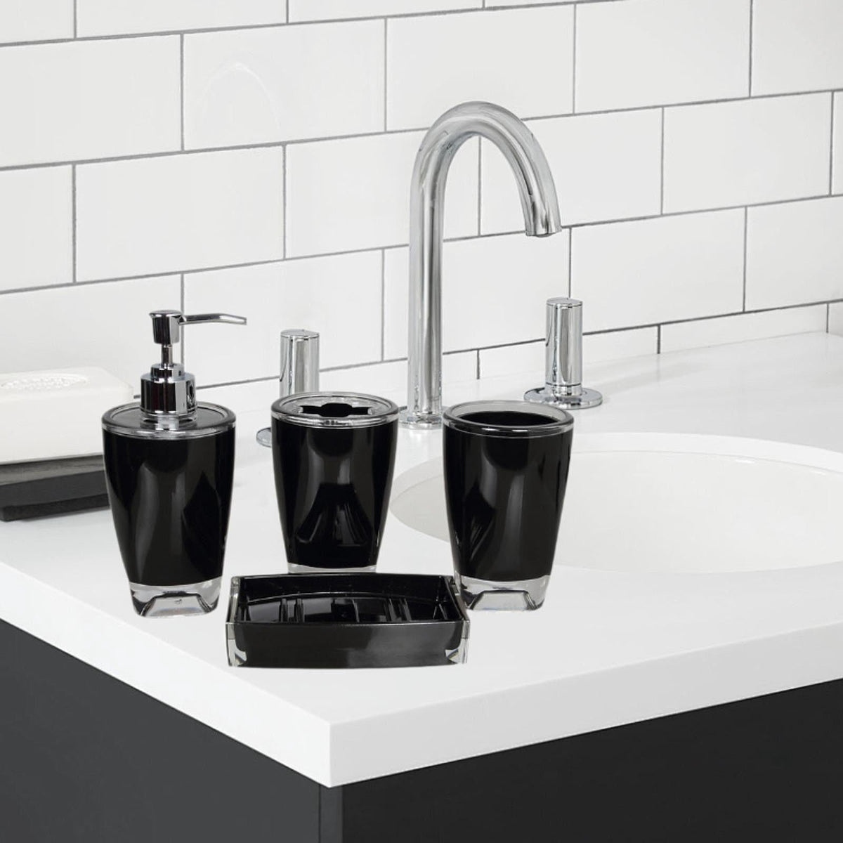 Lazsy 4 Pieces Soap Dispenser Toothbrush Holder Apartment Essentials Acrylic Organizer Black